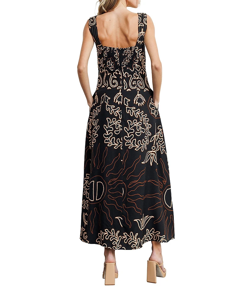 CIEBON Enza Print Poplin Square Neck Sleeveless Topstitched A-Line Maxi Dress