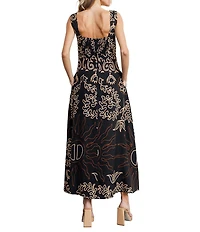 CIEBON Enza Print Poplin Square Neck Sleeveless Topstitched A-Line Maxi Dress