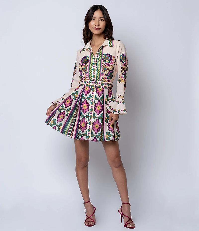 CIEBON Floral Printed Collared Long Sleeve Crepe Mini Shirt Dress