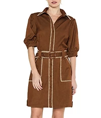 CIEBON Gelso Embroidered Faux Denim Point Collar Half Sleeve Mini Shirt Dress