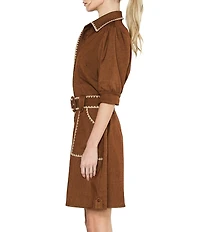 CIEBON Gelso Embroidered Faux Denim Point Collar Half Sleeve Mini Shirt Dress