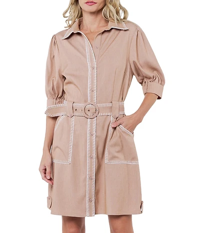 CIEBON Gelso Faux Denim Shirt Collar Half Sleeve Mini Dress