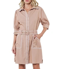 CIEBON Gelso Faux Denim Shirt Collar Half Sleeve Mini Dress