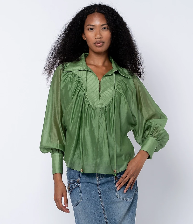 CIEBON Georgina Split V-Neck Long Sleeve Tencel Voile Top