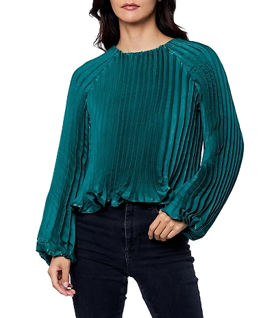 CIEBON Giulia Crew Neck Long Sleeve Pleated Satin Top