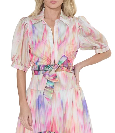 CIEBON Gunhid Printed Voile Collar Neck Short Sleeve Tie Front Coordinating Top