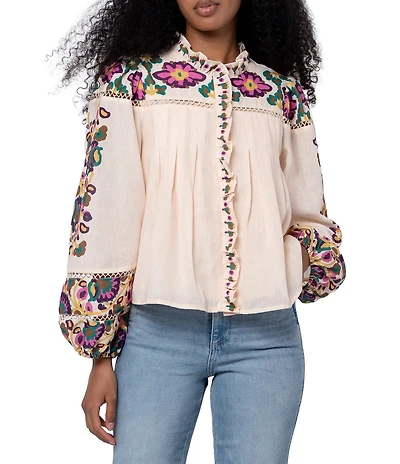 CIEBON Isme Floral Printed Ruffled Crew Neck Long Sleeve Blouse