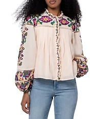 CIEBON Isme Floral Printed Ruffled Crew Neck Long Sleeve Blouse