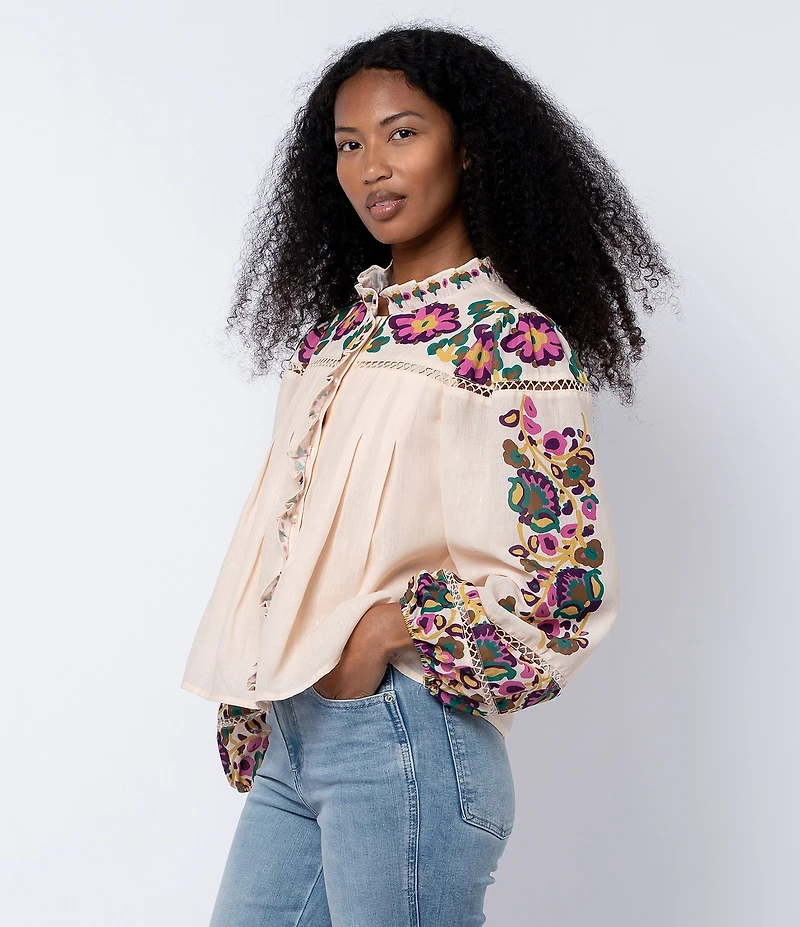 CIEBON Isme Floral Printed Ruffled Crew Neck Long Sleeve Blouse