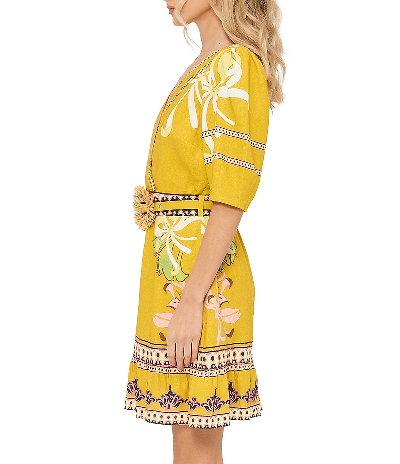 CIEBON Ivy Floral Printed V-Neck Short Sleeve Belted Mini Dress