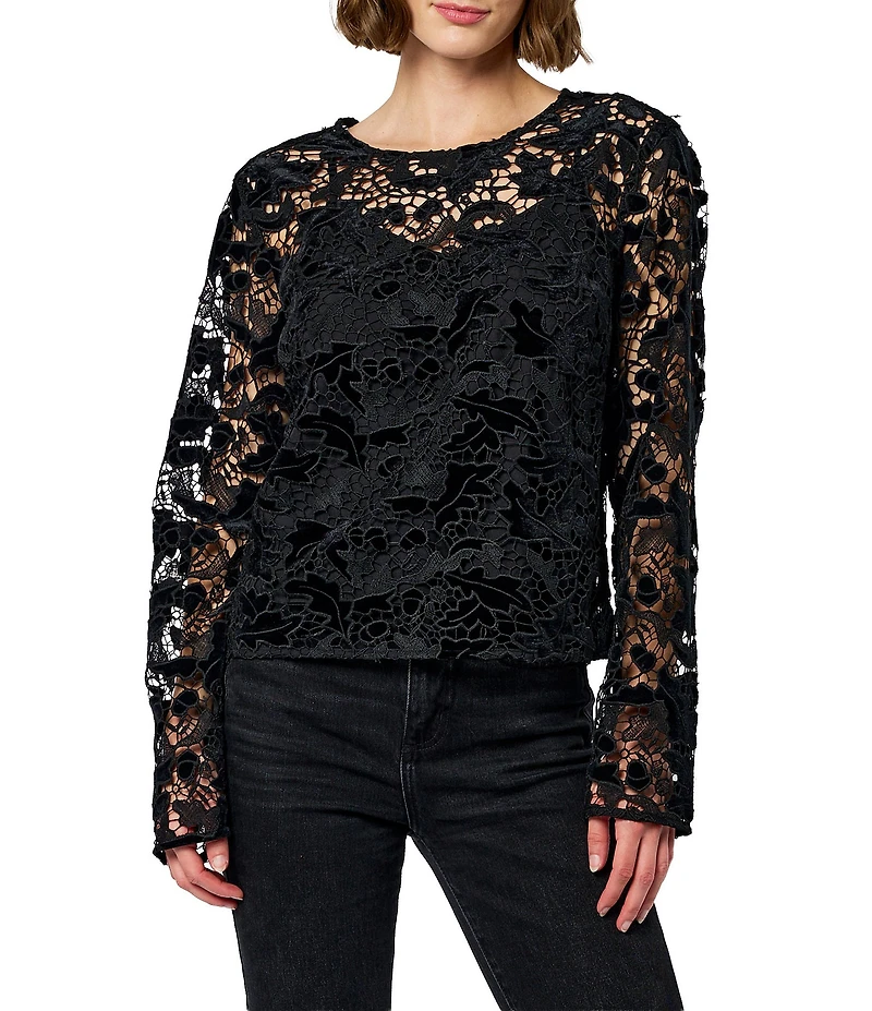 CIEBON Jetty Floral Textured Crew Neckline Long Sleeve Embroidered Velvet Lace Top