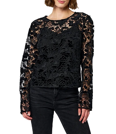 CIEBON Jetty Floral Textured Crew Neckline Long Sleeve Embroidered Velvet Lace Top