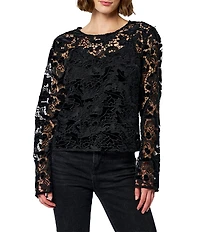 CIEBON Jetty Floral Textured Crew Neckline Long Sleeve Embroidered Velvet Lace Top
