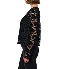 CIEBON Jetty Floral Textured Crew Neckline Long Sleeve Embroidered Velvet Lace Top