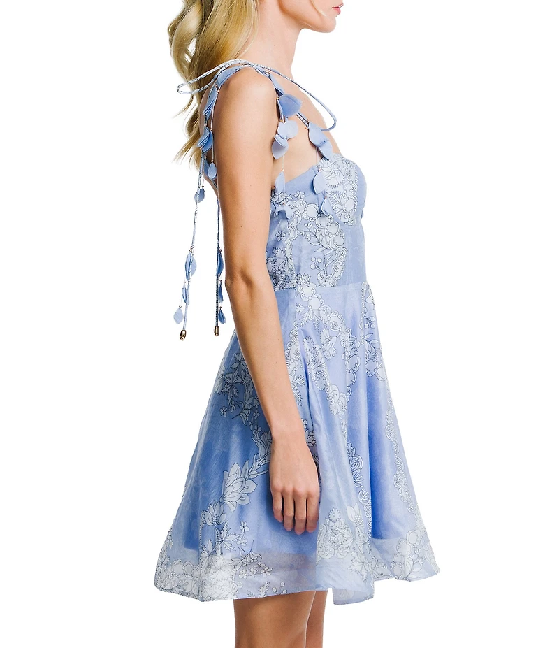 CIEBON Kaelin Printed Voile Sweetheart Neck Sleeveless Floral Tassel Shoulder Straps Fit And Flare Mini Dress