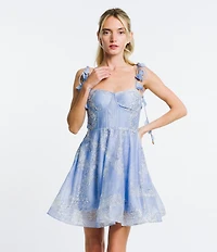 CIEBON Kaelin Printed Voile Sweetheart Neck Sleeveless Floral Tassel Shoulder Straps Fit And Flare Mini Dress