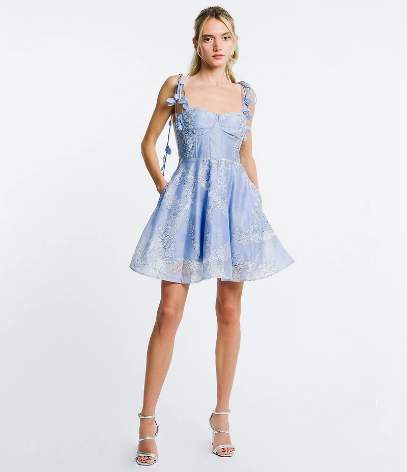 CIEBON Kaelin Printed Voile Sweetheart Neck Sleeveless Floral Tassel Shoulder Straps Fit And Flare Mini Dress