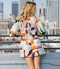 CIEBON Kaitlin Printed Poplin Square Neck Short Puff Sleeve Coordinating Cropped Top