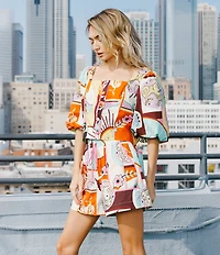 CIEBON Kaitlin Printed Poplin Square Neck Short Puff Sleeve Coordinating Cropped Top