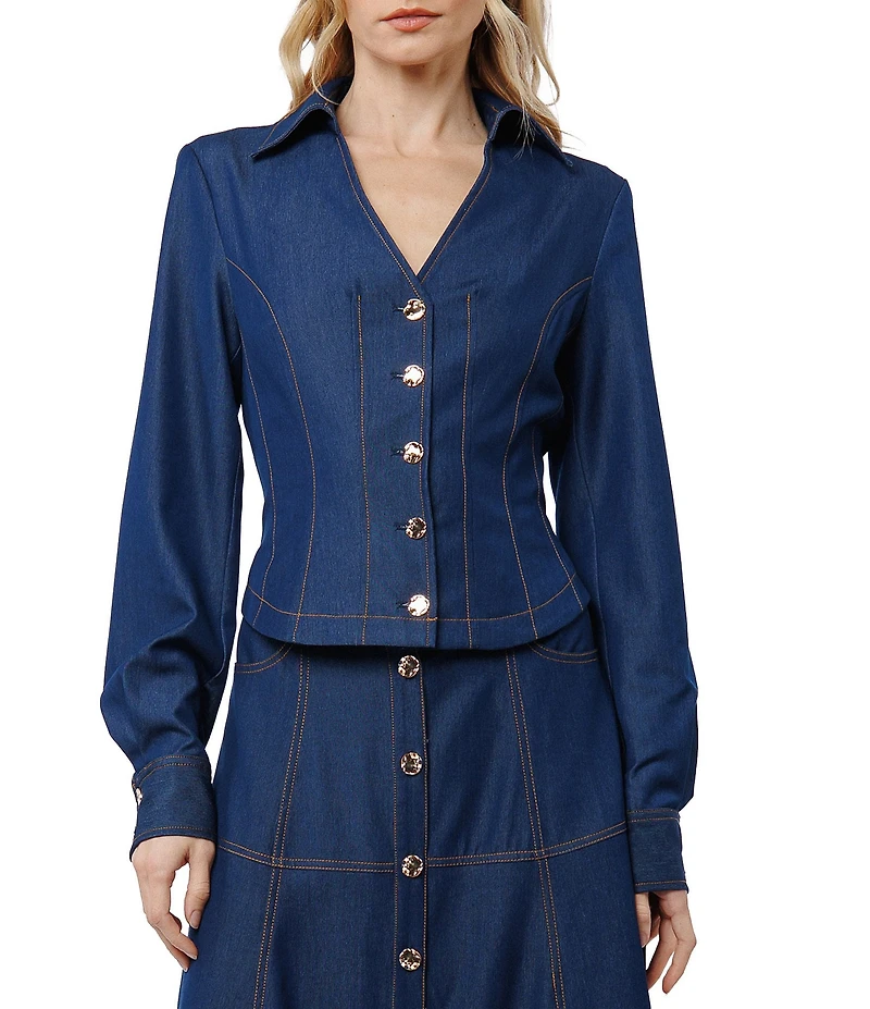 CIEBON Kaylee Denim Collared V-Neck Bishop Sleeve Button Front Shirt
