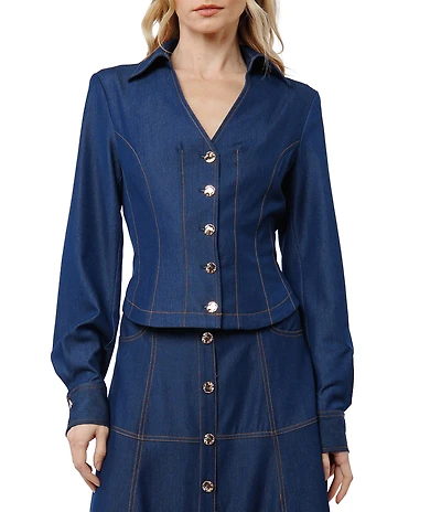 CIEBON Kaylee Denim Collared V-Neck Bishop Sleeve Button Front Shirt
