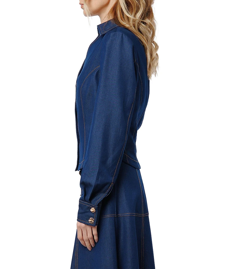 CIEBON Kaylee Denim Collared V-Neck Bishop Sleeve Button Front Shirt