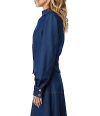 CIEBON Kaylee Denim Collared V-Neck Bishop Sleeve Button Front Shirt
