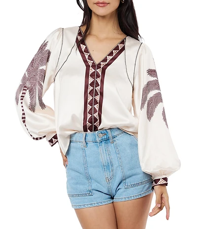 CIEBON Kensley Tropical Printed Satin Balloon V-Neck Long Sleeve Coordinating Top