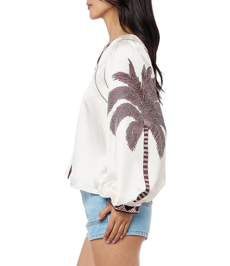 CIEBON Kensley Tropical Printed Satin Balloon V-Neck Long Sleeve Coordinating Top