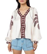 CIEBON Kensley Tropical Printed Satin Balloon V-Neck Long Sleeve Coordinating Top