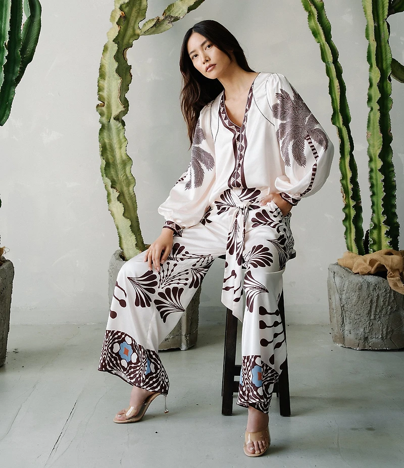 CIEBON Kensley Tropical Printed Satin Balloon V-Neck Long Sleeve Coordinating Top