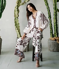 CIEBON Kensley Tropical Printed Satin Balloon V-Neck Long Sleeve Coordinating Top