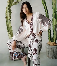 CIEBON Kensley Tropical Printed Satin Balloon V-Neck Long Sleeve Coordinating Top