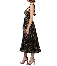 CIEBON Laurina Floral Textured Sweetheart Neck Sleeveless Velvet Lace Midi Dress