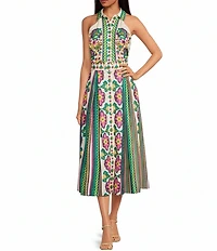 CIEBON Leena Floral Print Collared Halter Neck Belted Sleeveless A-Line Crepe Maxi Dress
