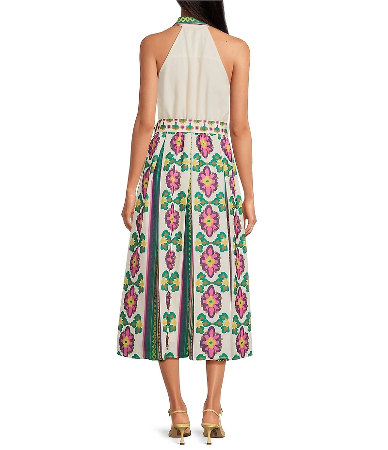 CIEBON Leena Floral Print Collared Halter Neck Belted Sleeveless A-Line Crepe Maxi Dress