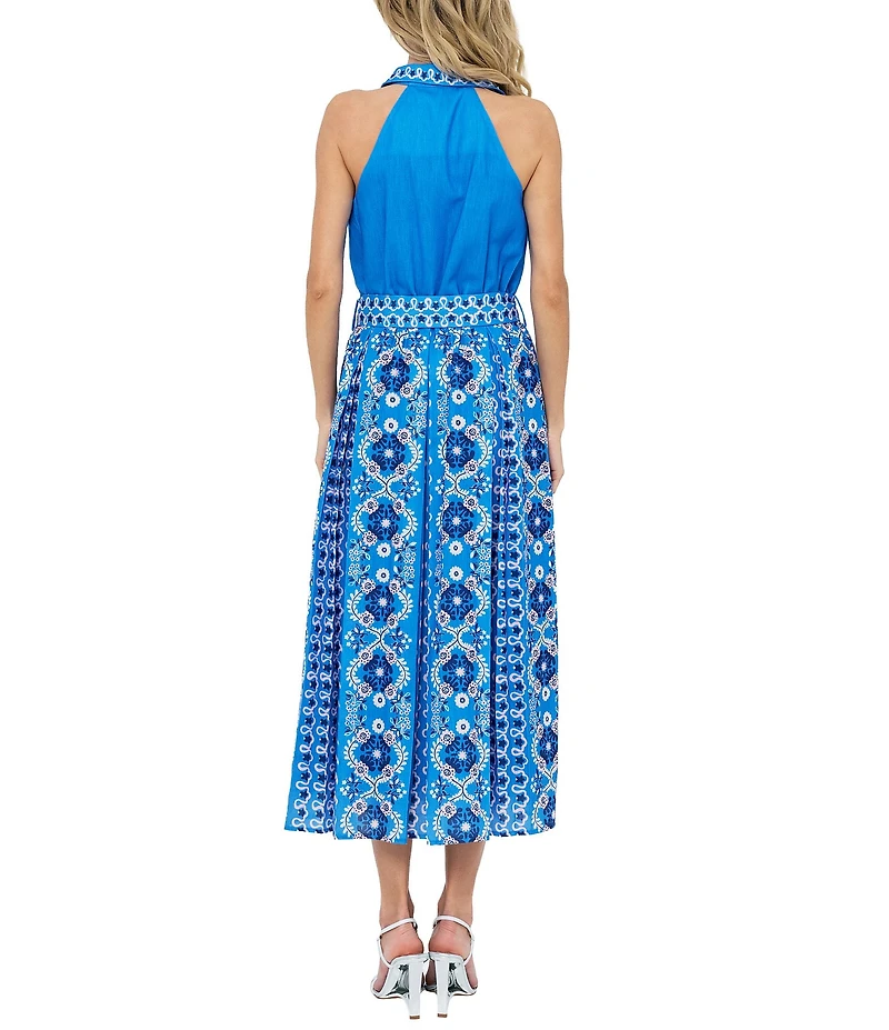 CIEBON Leena Printed Crepe Halter Collared Neck Sleeveless A-Line Midi Dress