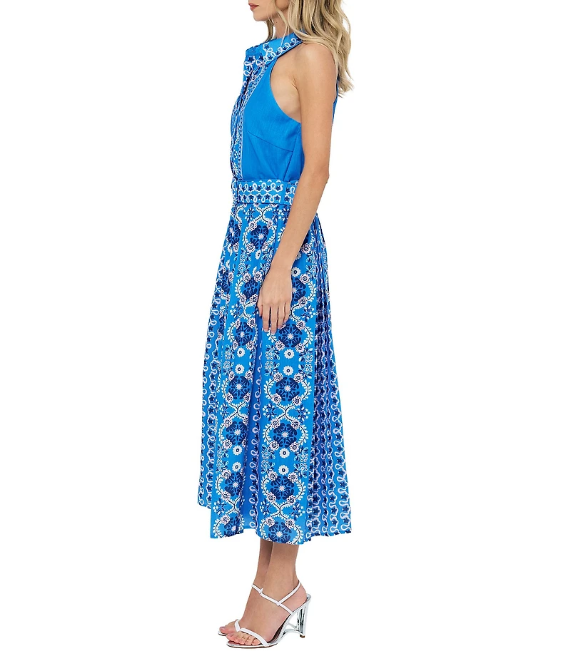 CIEBON Leena Printed Crepe Halter Collared Neck Sleeveless A-Line Midi Dress