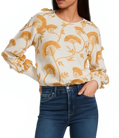 CIEBON Lenny 3D Floral Embroidered Linen Blend Round Neck Long Sleeve Bubble Hem Top