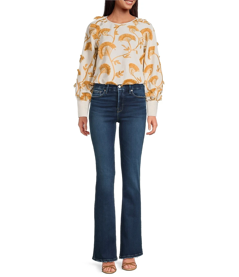 CIEBON Lenny 3D Floral Embroidered Linen Blend Round Neck Long Sleeve Bubble Hem Top