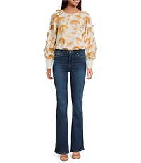 CIEBON Lenny 3D Floral Embroidered Linen Blend Round Neck Long Sleeve Bubble Hem Top