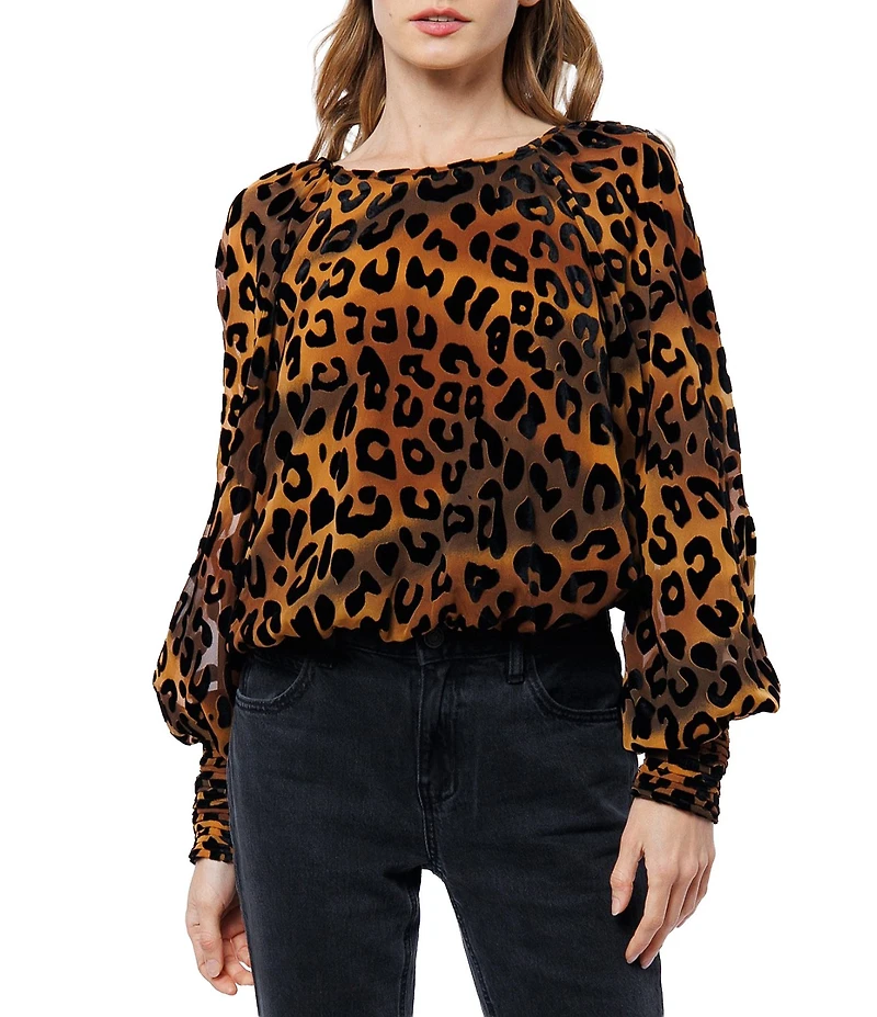 CIEBON Lenny Animal Print Crew Neckline Long Raglan Sleeve Velvet Burnout Top