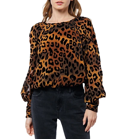 CIEBON Lenny Animal Print Crew Neckline Long Raglan Sleeve Velvet Burnout Top