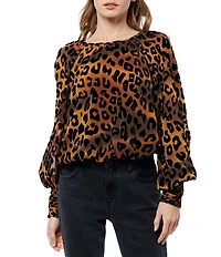 CIEBON Lenny Animal Print Crew Neckline Long Raglan Sleeve Velvet Burnout Top