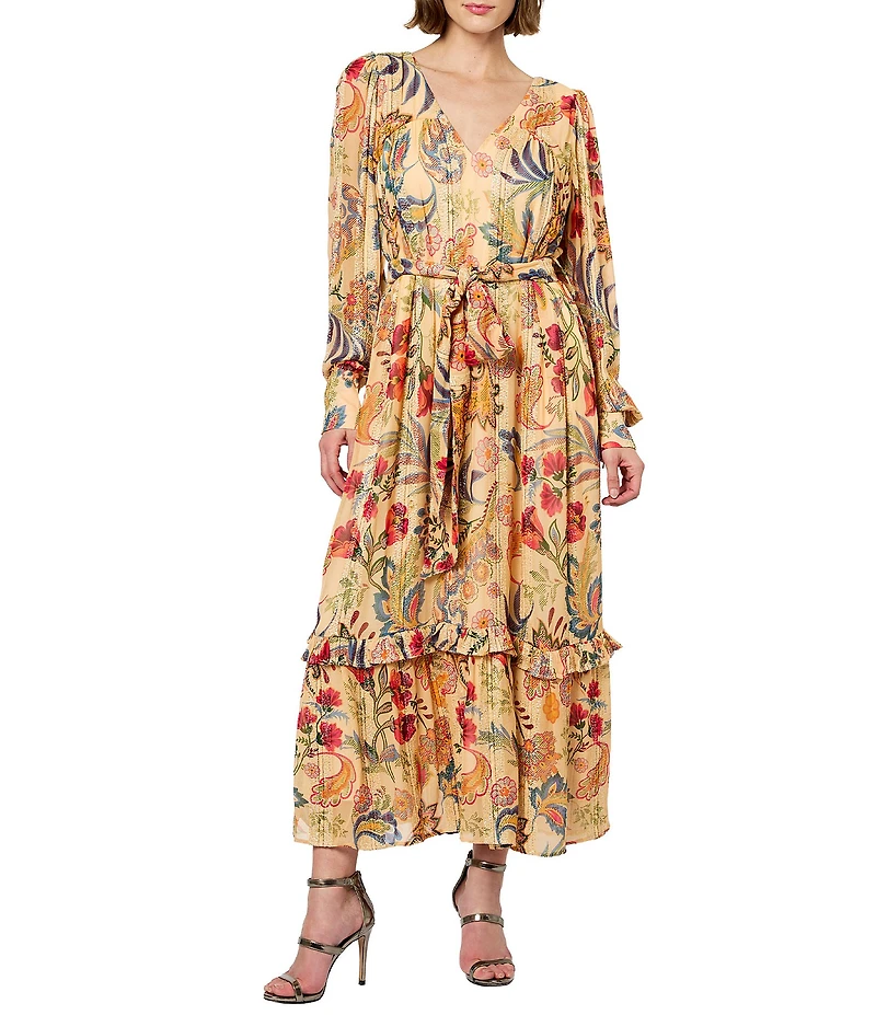 CIEBON Leyn Floral Metallic Jacquard Georgette V-Neck Long Sleeves Belted A-Line Maxi Dress