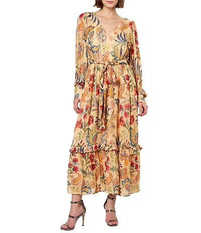 CIEBON Leyn Floral Metallic Jacquard Georgette V-Neck Long Sleeves Belted A-Line Maxi Dress
