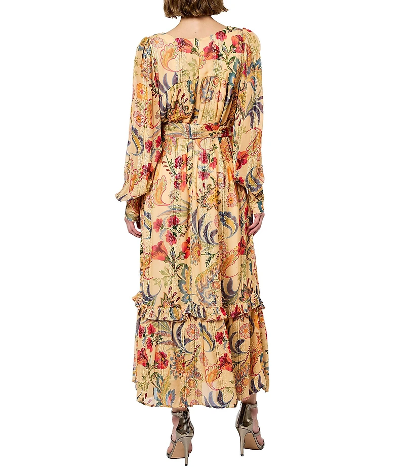 CIEBON Leyn Floral Metallic Jacquard Georgette V-Neck Long Sleeves Belted A-Line Maxi Dress