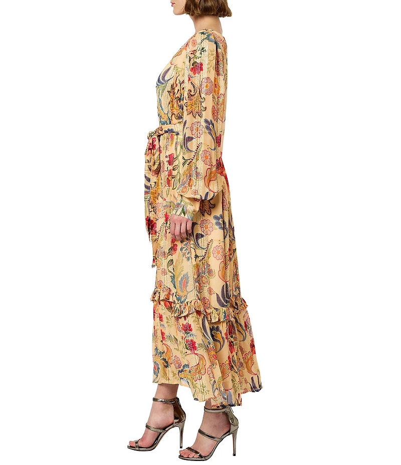 CIEBON Leyn Floral Metallic Jacquard Georgette V-Neck Long Sleeves Belted A-Line Maxi Dress