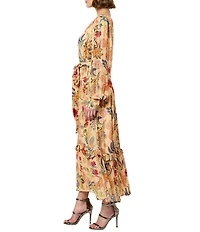CIEBON Leyn Floral Metallic Jacquard Georgette V-Neck Long Sleeves Belted A-Line Maxi Dress