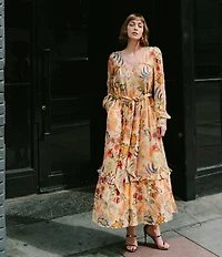 CIEBON Leyn Floral Metallic Jacquard Georgette V-Neck Long Sleeves Belted A-Line Maxi Dress